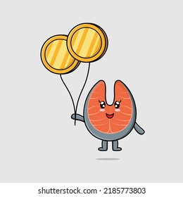 Cute cartoon fresh salmon floating with gold coin balloon cartoon vector illustration