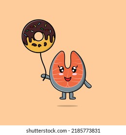Cute cartoon fresh salmon floating with donuts balloon cartoon vector illustration