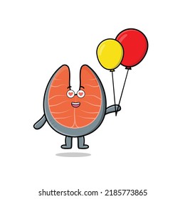 Cute cartoon fresh salmon floating with balloon cartoon vector illustration in flat cartoon style