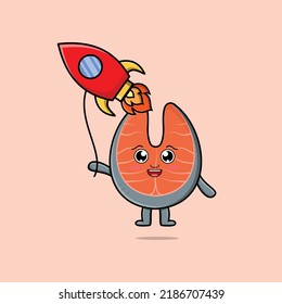 Cute cartoon fresh salmon floating with rocket balloon cartoon vector illustration