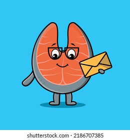 Cute cartoon fresh salmon holding envelope with cartoon vector illustration style