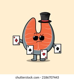 cute cartoon fresh salmon magician character with bunny character coming out from magic hat