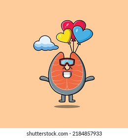 Cute cartoon Fresh salmon mascot is skydiving with balloon and happy gesture cute modern style design