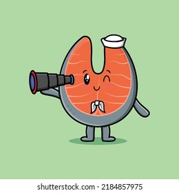 Cute cartoon fresh salmon sailor with hat and using binocular cute modern style design