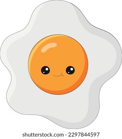 A cute cartoon fried egg with beautiful shiny eyes and a joyful expression on a white background