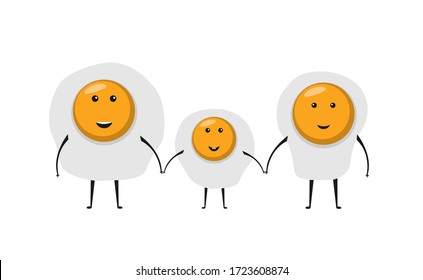 Cute cartoon fried egg breakfast characters family with smiling human faces isolated