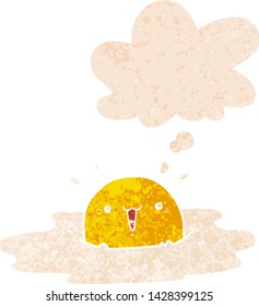cute cartoon fried egg with thought bubble in grunge distressed retro textured style