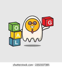 Cute cartoon fried eggs businessman stacking goal box in flat modern style design