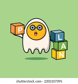 Cute cartoon fried eggs businessman stacking plan box in flat modern style design