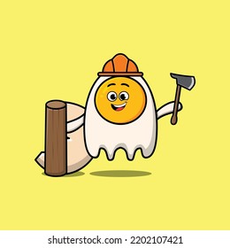 Cute Cartoon Fried Eggs As Carpenter Character With Ax And Wood In Flat Modern Style