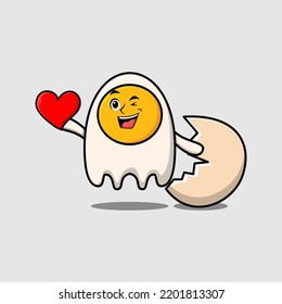 Cute cartoon fried eggs character holding big red heart in modern style design