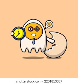 Cute cartoon fried eggs character holding clock with happy expression