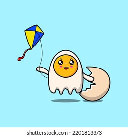 Cute cartoon fried eggs character playing kite flaying cartoon icon vector illustration