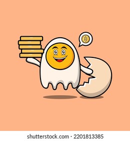Caricatura de dibujos animados fritos personaje de huevos fritos sostenidos en una moneda de oro apilada ilustración vectorial