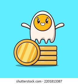 Cute cartoon fried eggs character standing in stacked gold coin vector illustration