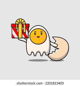 Cute cartoon fried eggs character holding gift box in vector icon illustration