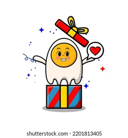 Cute cartoon fried eggs character coming out from big gift box look so happy flat cartoon style