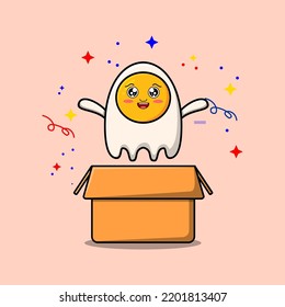Cute cartoon fried eggs character coming out from box in flat style cartoon vector icon illustration