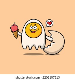 Cute Cartoon fried eggs character holding ice cream cone in modern cute style illustration