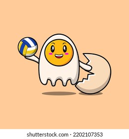 Cute cartoon fried eggs character playing volleyball in flat cartoon style illustration