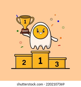 Cute cartoon fried eggs character as the first winner with happy expression in modern illustration