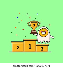 Cute cartoon fried eggs character as the third winner with happy expression in modern illustration
