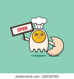 Cute cartoon fried eggs character holding open sign board designs in concept flat cartoon style
