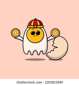 Cute cartoon fried eggs chinese character holding coin in vector icon illustration