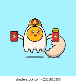 Cute cartoon fried eggs chinese character holding red packets vector icon illustration