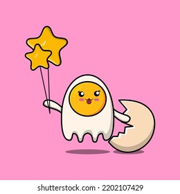 Cute cartoon fried eggs floating with star balloon cartoon vector illustration