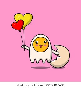 Cute cartoon fried eggs floating with love balloon cartoon vector illustration