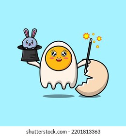 cute cartoon fried eggs magician character with bunny character coming out from magic hat