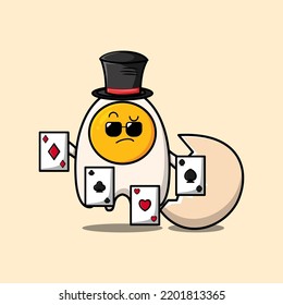 Cute cartoon fried eggs magician character playing magic cards in flat cartoon style illustration