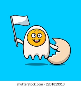 Cute cartoon fried eggs mascot character with white flag in modern design