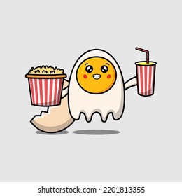 Cute cartoon fried eggs with popcorn and drink ready to watching film in cinema