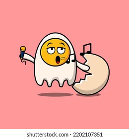 Cute cartoon fried eggs singer character holding mic in flat modern style design