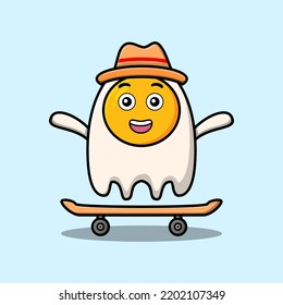 cute cartoon fried eggs standing on skateboard with cartoon vector illustration style