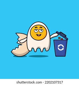 Cute cartoon fried eggs throwing trash in the trash in flat modern style design