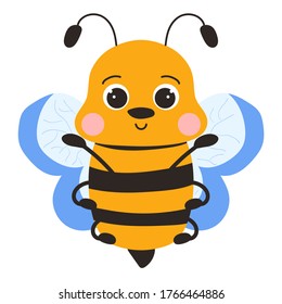 Cute cartoon friendly bee in flat style. Mascot character. Vector stock illustration isolated on white background. Design for kids and ets.