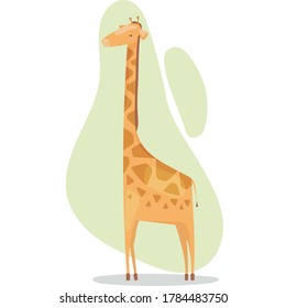 Cute cartoon friendly giraffe from Africa on green abstract background