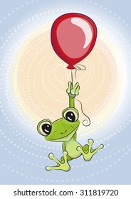 Cute cartoon Frog with balloon on a blue background
