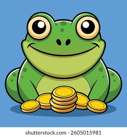 Cute cartoon frog, big yellow eyes, smiling expression, green skin, sitting, gold coins, stacks of coins.