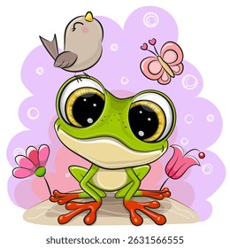 Cute Cartoon Frog with bird on the meadow