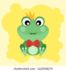 Cute cartoon frog with bow tie and  crown on a yellow background. Vector illustration