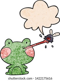 cute cartoon frog catching fly with tongue with speech bubble in retro texture style