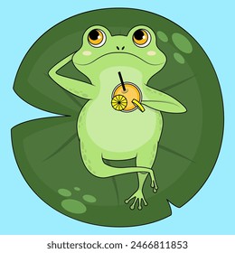 Cute cartoon frog character laying on a lily leaf, sunbathing and drinking cocktail, top view. Fun toad art relaxing on a vacation, colorful summer nature flat vector illustration.