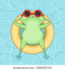 Personaje de rana de dibujos animados, nadando en una piscina con anillo de goma, vista superior. Un sapo divertido con gafas de sol en un día de verano. Ilustración vectorial plana