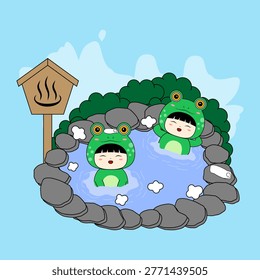 cute cartoon frog characters relaxing in a traditional Japanese outdoor hot spring or onse. Vector Illustration. EPS 10.