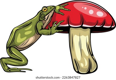 Cute cartoon frog climbs a mushroom. Vector image