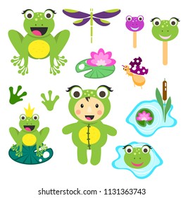 Cute cartoon frog clipart set. Funny frogs illustration for children vector clip art.